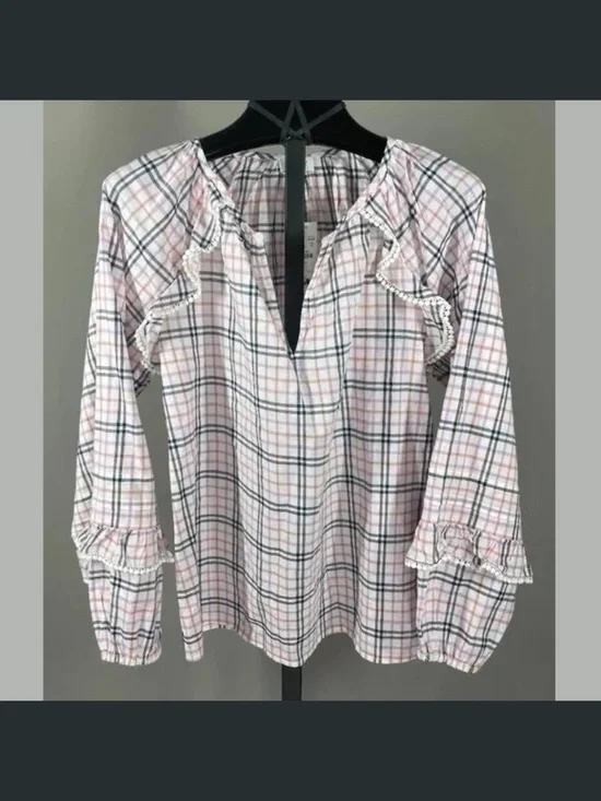 NEW J Crew Shirt Womens XS black purple pink plaid preppy casual pop over