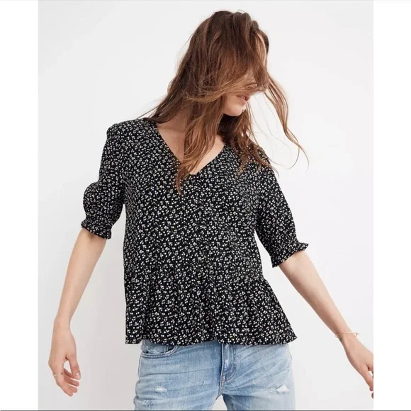 Madewell Black Floral V-Neck Peplum Blouse
