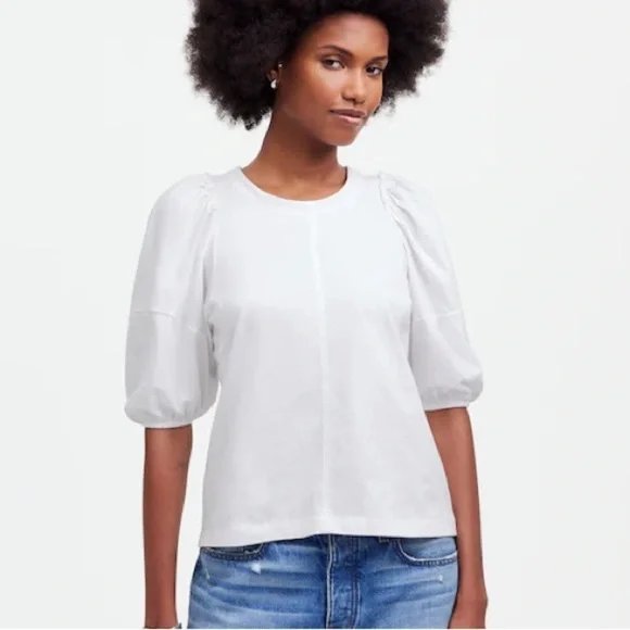 NWT Madewell White Crewneck Puff-Sleeve Tee