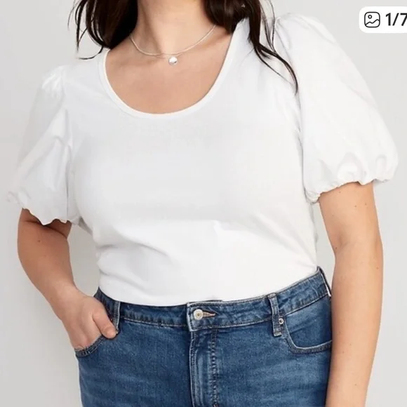 Old Navy White XL Relaxed Puff Sleeve Blouse Neutral Calla Lily Boho Casual GUC