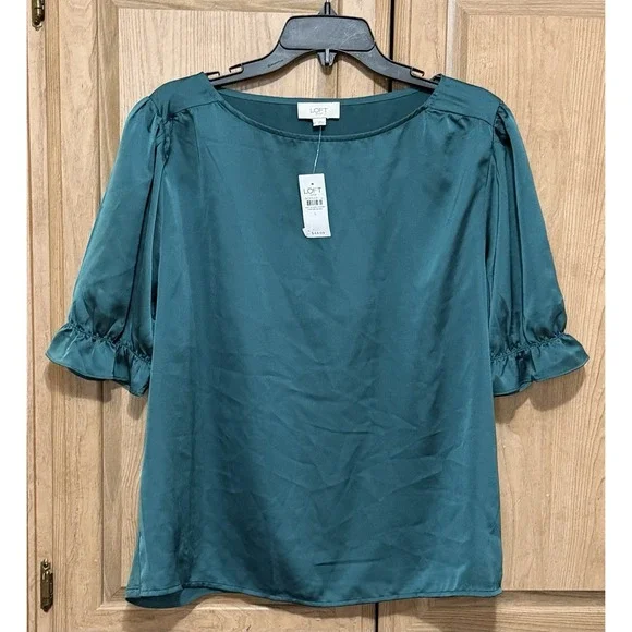 LOFT Satin Puff Short Sleeve Blouse Top Women's Size L Blue Green Ruffled Cuff