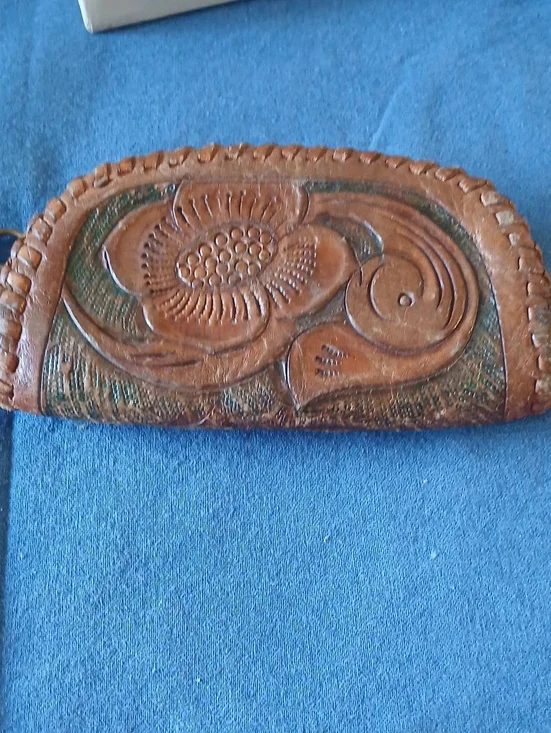 Handtooled Floral Leather Coin Case - Brown