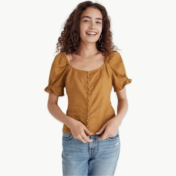 Madewell Button Front Smocked Back Blouse Size 6 Bronzed Lichen Hemp NWT Casual