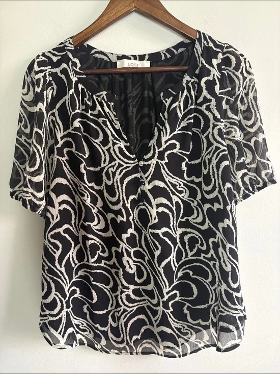 LOFT Black White Abstract Print Blouse Medium
