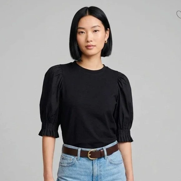 Madewell Top Womens Size XXS Puff Sleeve Tee Black Cotton Crewneck NWT