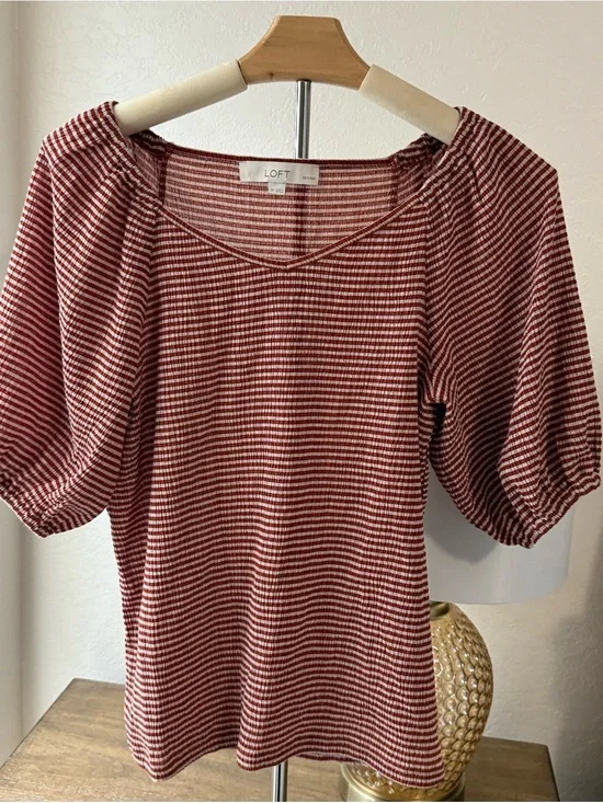 LOFT Rust and White Striped Puff-Sleeve Blouse
