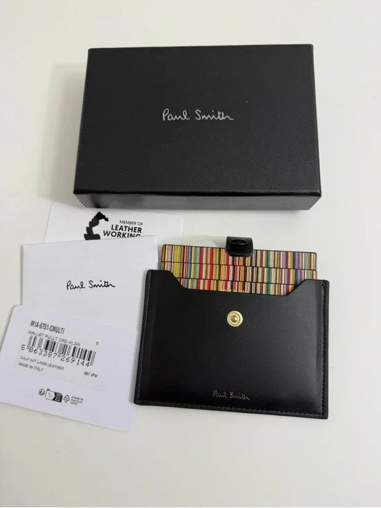 Paul Smith Black Leather Credit Hard Holder With ‘Signature Stripe’ Pull Out