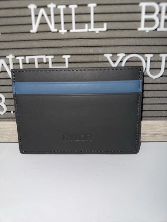 Rylor Slim Leather Card Holder in Gray with Blue Accent