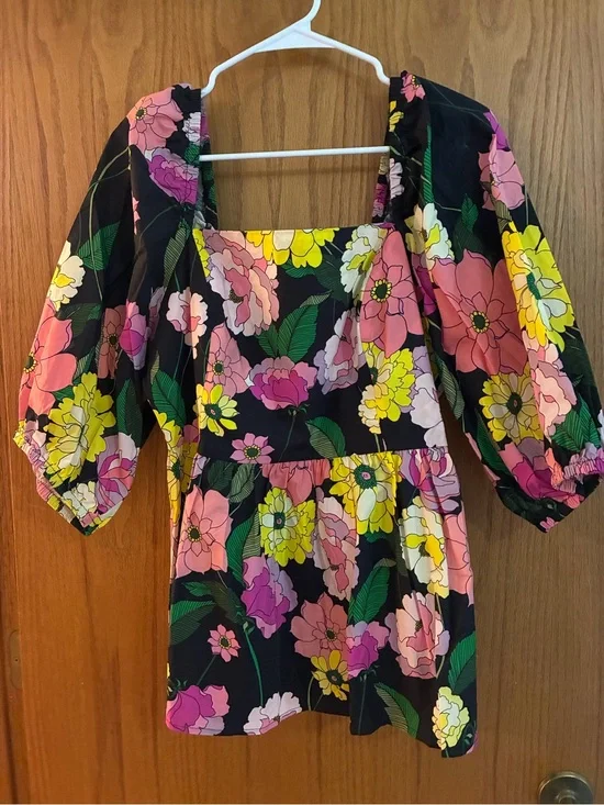 Johnny Was Black Floral Square-Neck top with Pink & Yellow Blooms