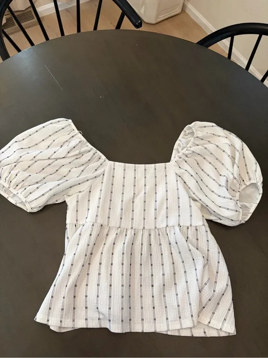 Madewell White Pinstripe Puff-Sleeve Square-Neck Top