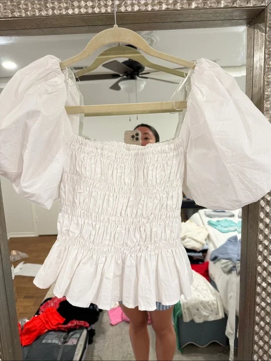 Astr Smocked White Puff-Sleeve Blouse