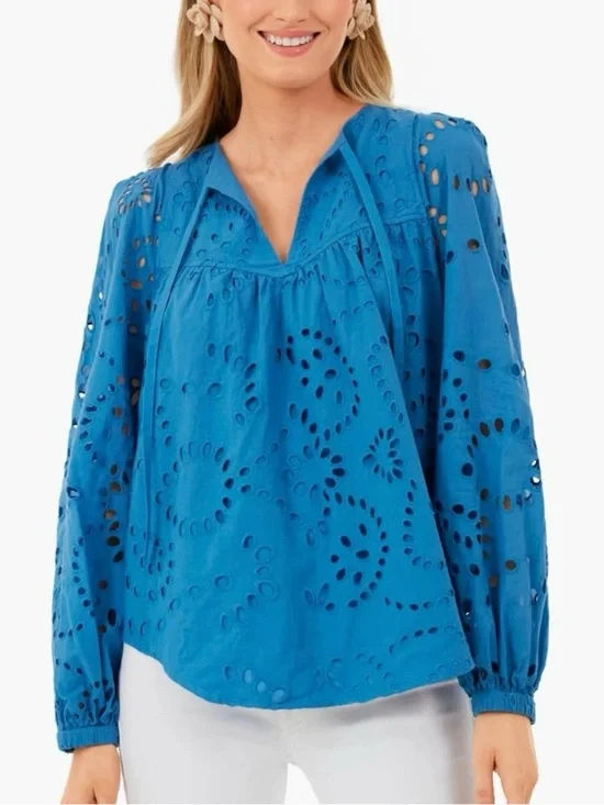Tuckernuck Cotton Grecian Blue Eyelet Kenway Blouse XXL