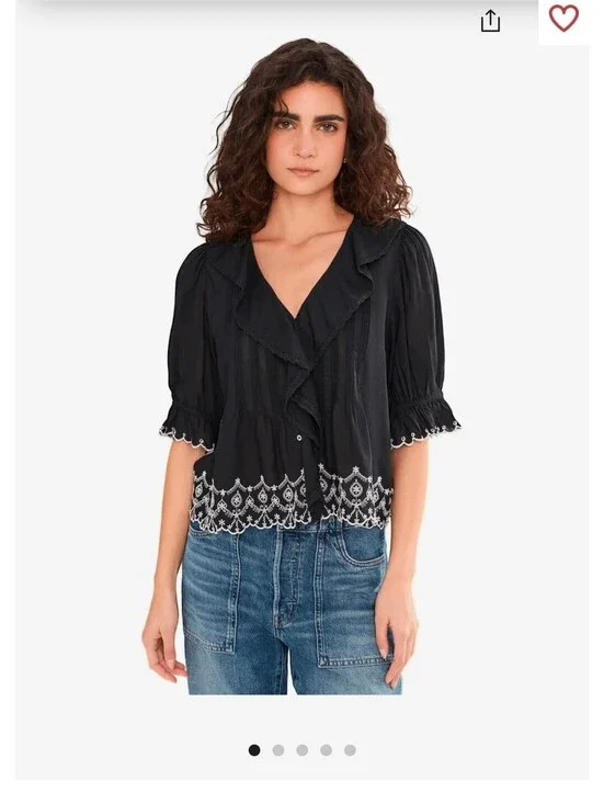 Madewell Ruffled Puff-Sleeve Top in Jet Black with Embroidered Hem sz L NEW