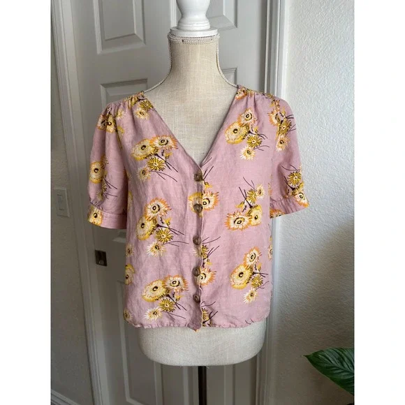 Madewell Button Front Blouse Size M Pink Yellow Floral Linen Blend Puff Sleeve