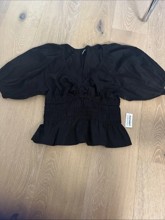 Old Navy Black Smocked Peplum Puff-Sleeve Blouse