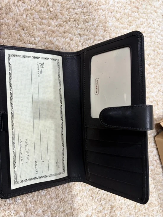 Coach Black Leather Card & Checkbook Organizer with ID Window