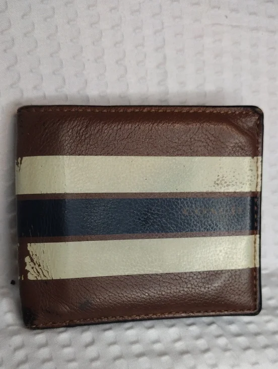 Coach Brown Leather Bifold Wallet with Cream and Navy Stripes F26171