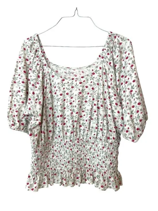 Loft Raspberry Blouse M Cottagecore Summer Berriy Smocked Puff Sleeve Strawberry