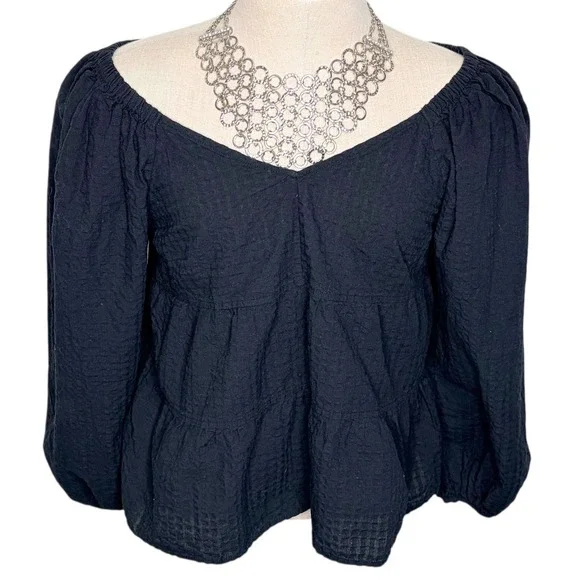 Old‎ Navy Peplum Top L Black Tiered Balloon Sleeve V-Neck Seersucker Boho Blouse