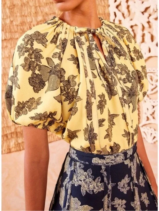 Ulla Johnson Marcelena Floral Puff Sleeve Crepe Blouse Top Solaris Yellow Size 2