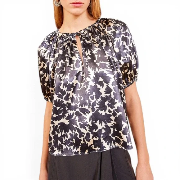 Ulla Johnson Neema Satin Blouse Top Black‎ Cream Floral Satin Puff Sleeve XS