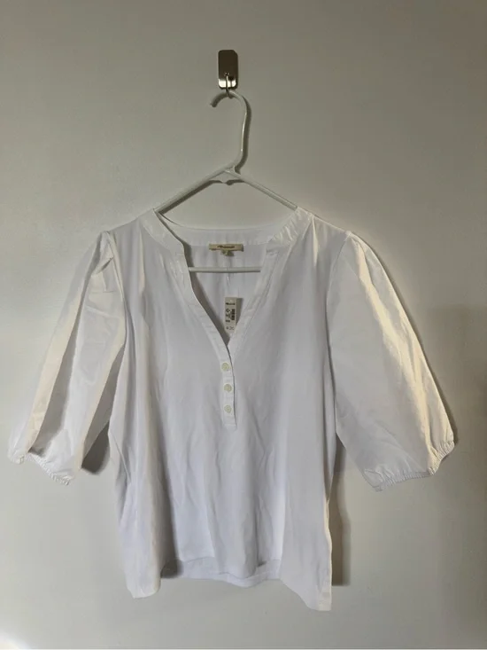 Madewell White Puff-Sleeve Henley Top, XL