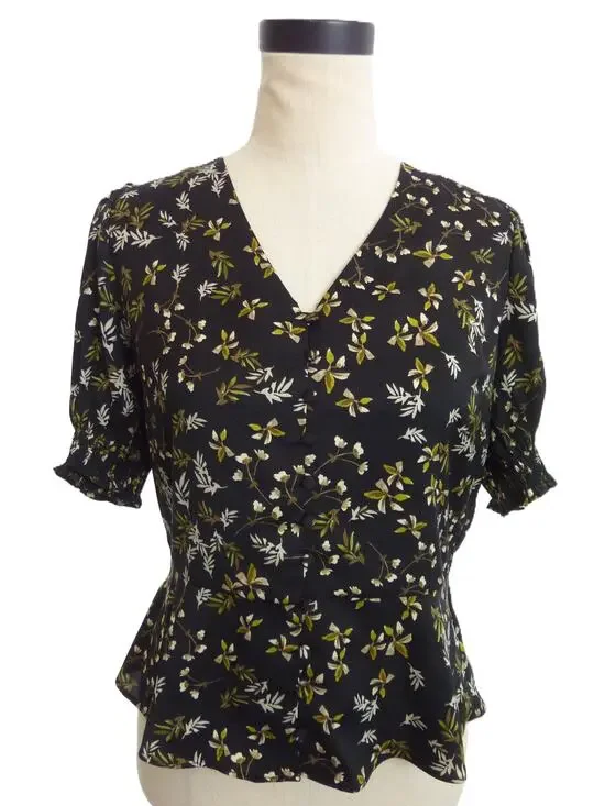 Banana Republic Black Floral V-Neck Puff Sleeve Blouse S Top