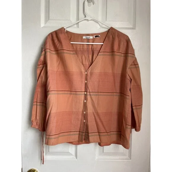 Madewell Plaid Shirt Women's Small Morningview Puff-Sleeve Peach Button Up