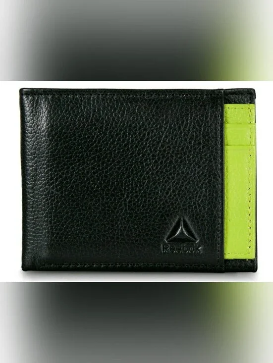 New In Package Black Leather Bifold Wallet With Green Card Holder Insert