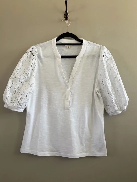 Boden Cotton Blouse Eyelet White Puff Sleeve Size 10 NWOT