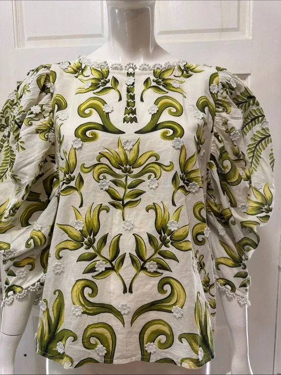 FARM RIO Milani Blouse Floral Puff-Sleeve Women's Top in Olive Green Size Large