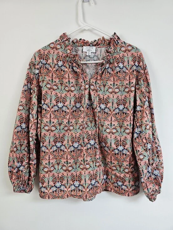 J. Crew × Liberty London Fabric Scalloped Tie Neck Floral Flowy Puff Sleeve Blou