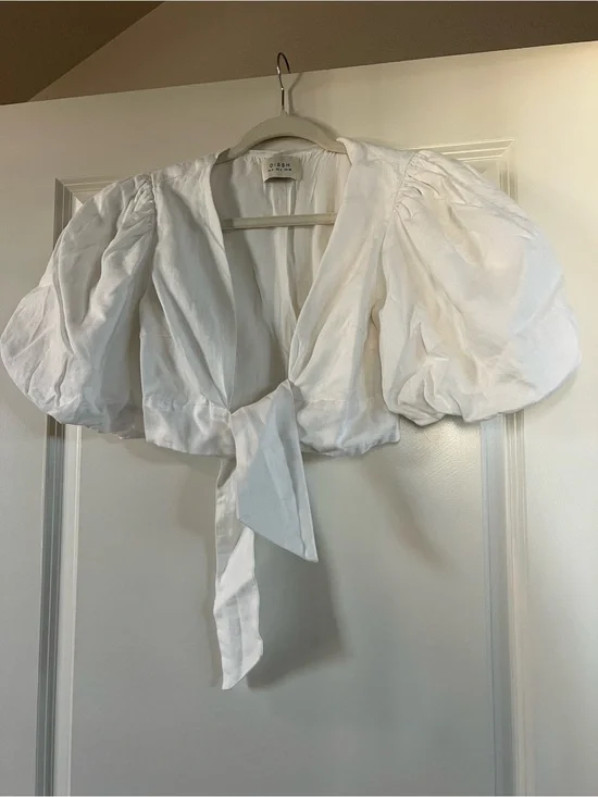 Dissh - Linen Tie-Front Puff Sleeve Crop Top - White