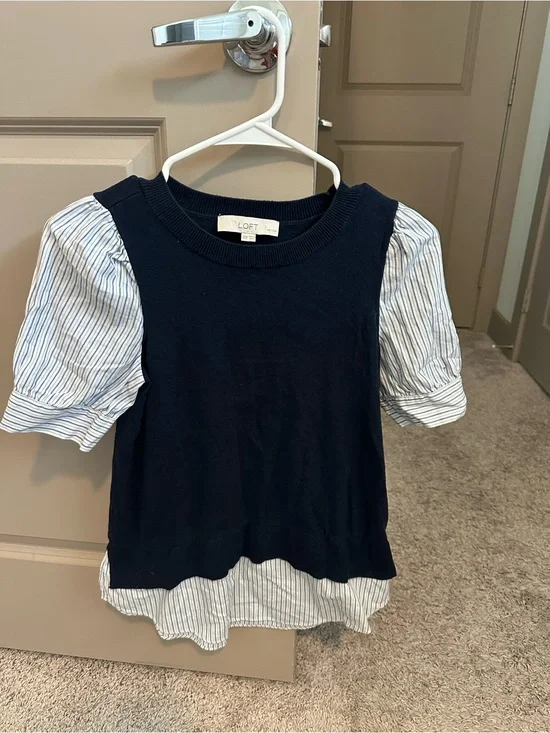 LOFT Navy Knit Pullover with White & Light Blue Striped Puff Sleeves