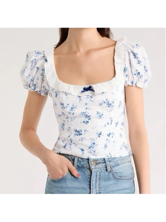 Reformation Alice Floral Puff Sleeve Bow Linen Top Blue Size 12 Coquette Cottage