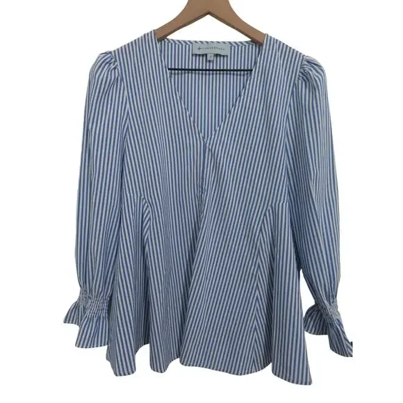 Tuckernuck Sz S Blue White Striped Easton Striped V Neck Blouse Long Puff Sleeve