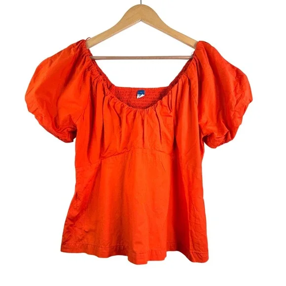 Old Navy Puff‎ Sleeve Blouse sz L Orange Smocked Back poplin preppy regency