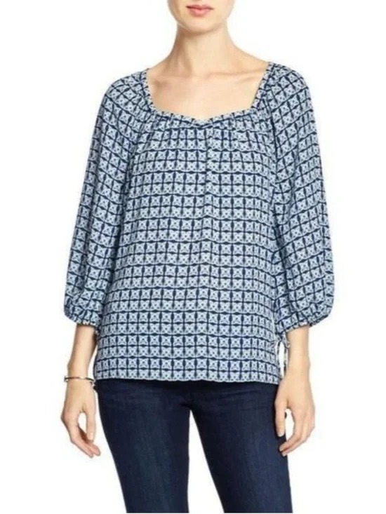 Banana Republic Blue Geometric Square-Neck Blouse