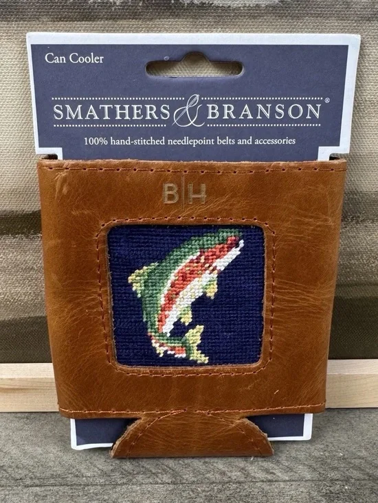 Mark & Graham Smathers & Branson Leather Needlepoint Can Cooler Trout “BH” Read
