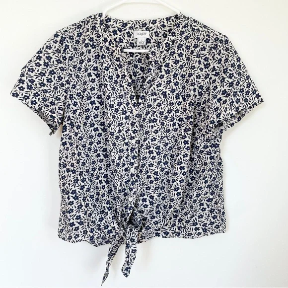 J. Crew Blue and White Puff Sleeve Tie-Front Blouse