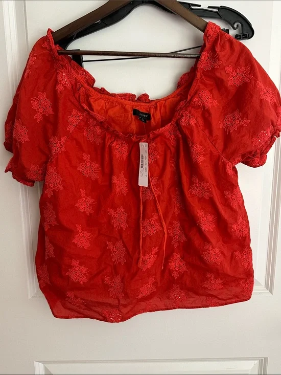 J. Crew Red Embroidered Peasant Blouse