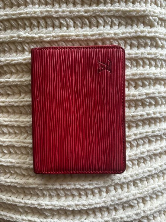 Red Textured Leather Card Holder with Embossed Monogram