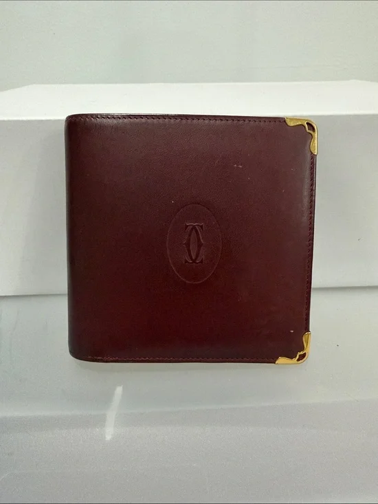 Cartier Must de Cartier Leather Bifold Wallet in Burgundy with Gold Corners