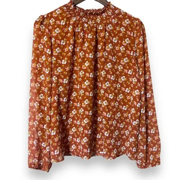 J Crew Shirt Medium Smocked Puff Sleeve Ruffle‎ Burnt Orange Floral Blouse
