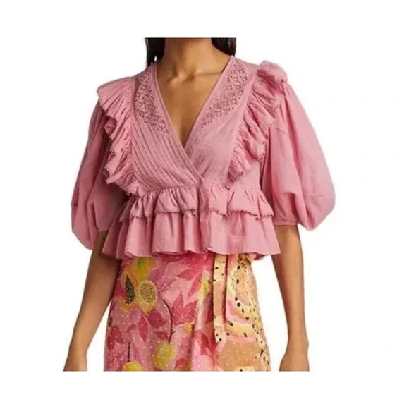 Farm Rio Blush Pink Wrap Blouse Top‎ Puff Sleeve Size XS Excellent Condition