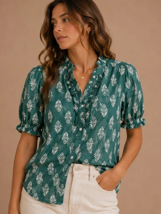 J.Crew Ruffle Neck Green Floral Print Blouse Women's XS Puff Sleeve Top