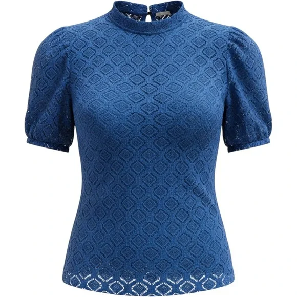 LOFT Royal Blue Geometric Lace Mock Neck Ruffle Trim Short Sleeve Blouse Small