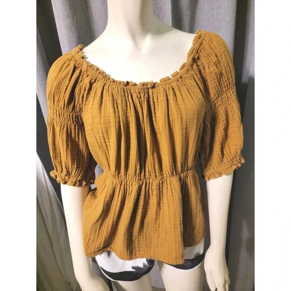 Puff Sleeve Caramel Brown Shirred Cotton Babydoll‎ Blouse SZ M Milkmaid Old Navy