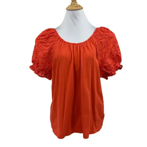 J Crew Top Womens L Large Pimento Cotton Eyelet Puff Sleeve Bow Tie Cutout Back