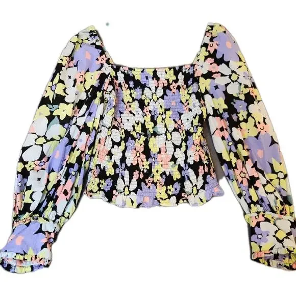 Free People Ariana Top Sz‎ S Boho Floral Smocked Ruffle Puff Long Sleeve NWOT